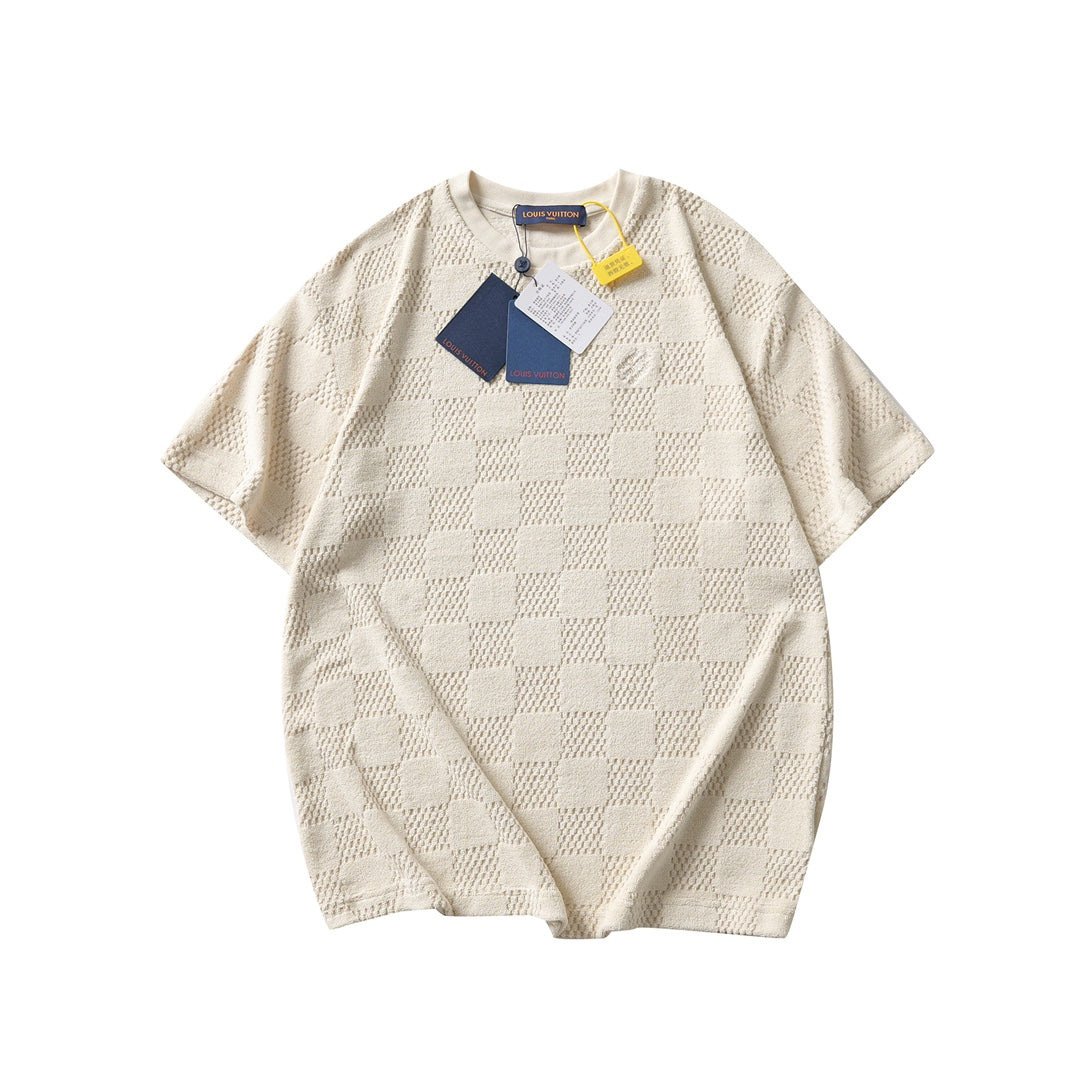 250819 New high-quality drawstring chessboard towel fabric casual T-shirt