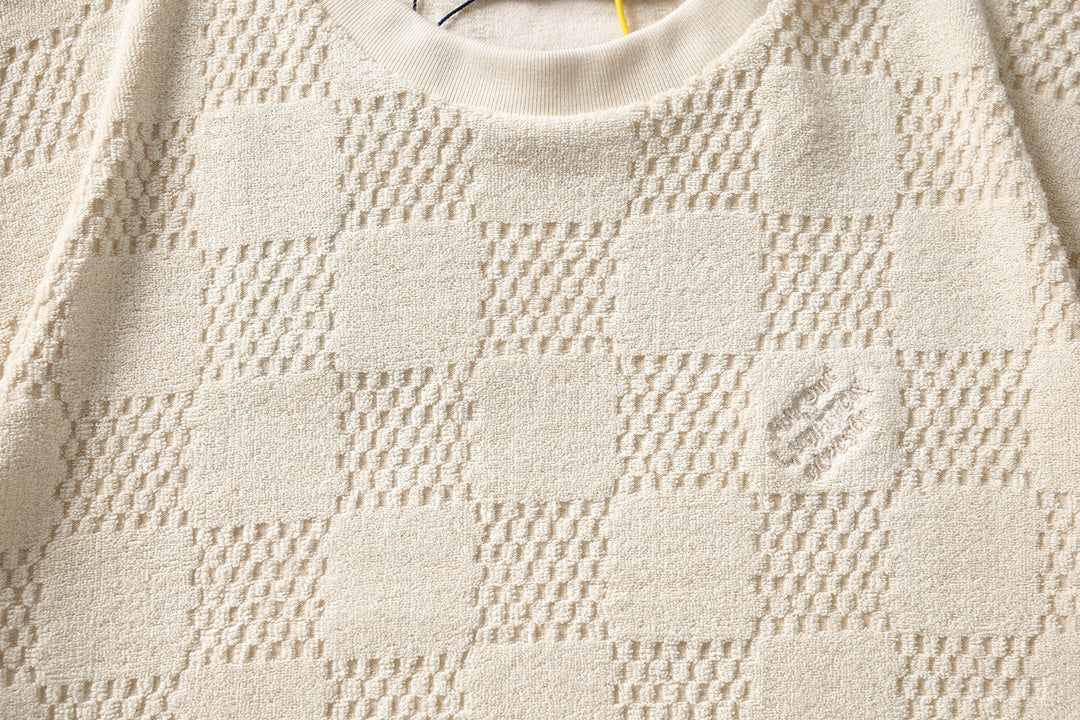 250819 New high-quality drawstring chessboard towel fabric casual T-shirt