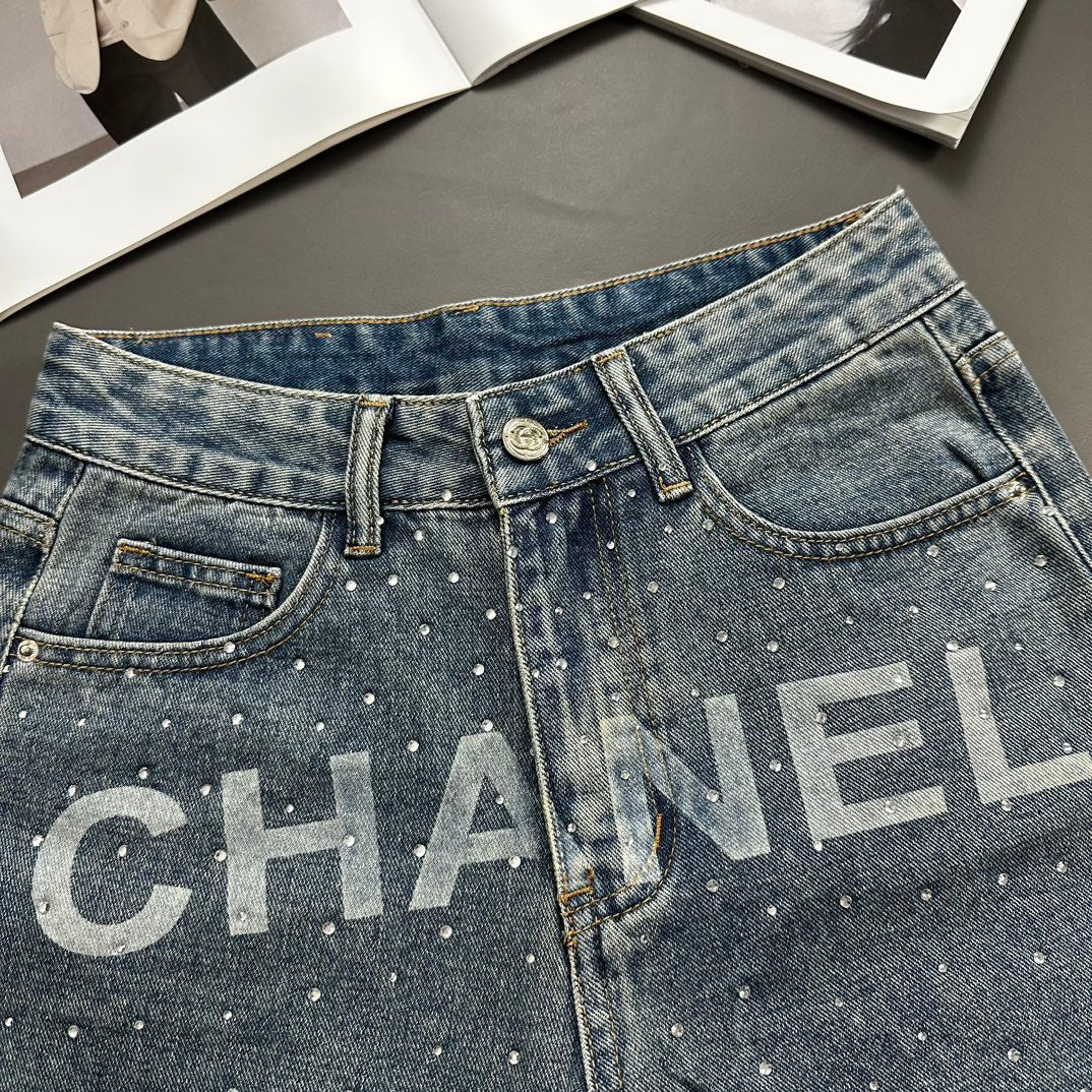 0528 Rhinestone Lettering Denim Shorts
