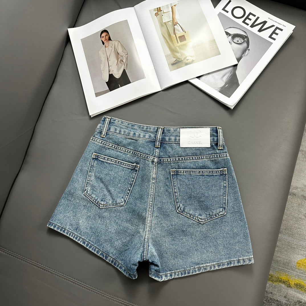 0528 Rhinestone Lettering Denim Shorts