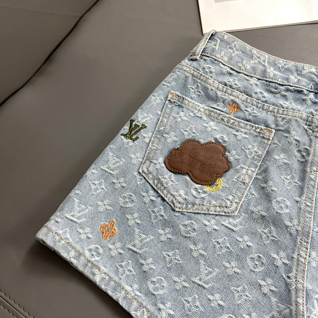 0528 Macaroon embroidered denim shorts