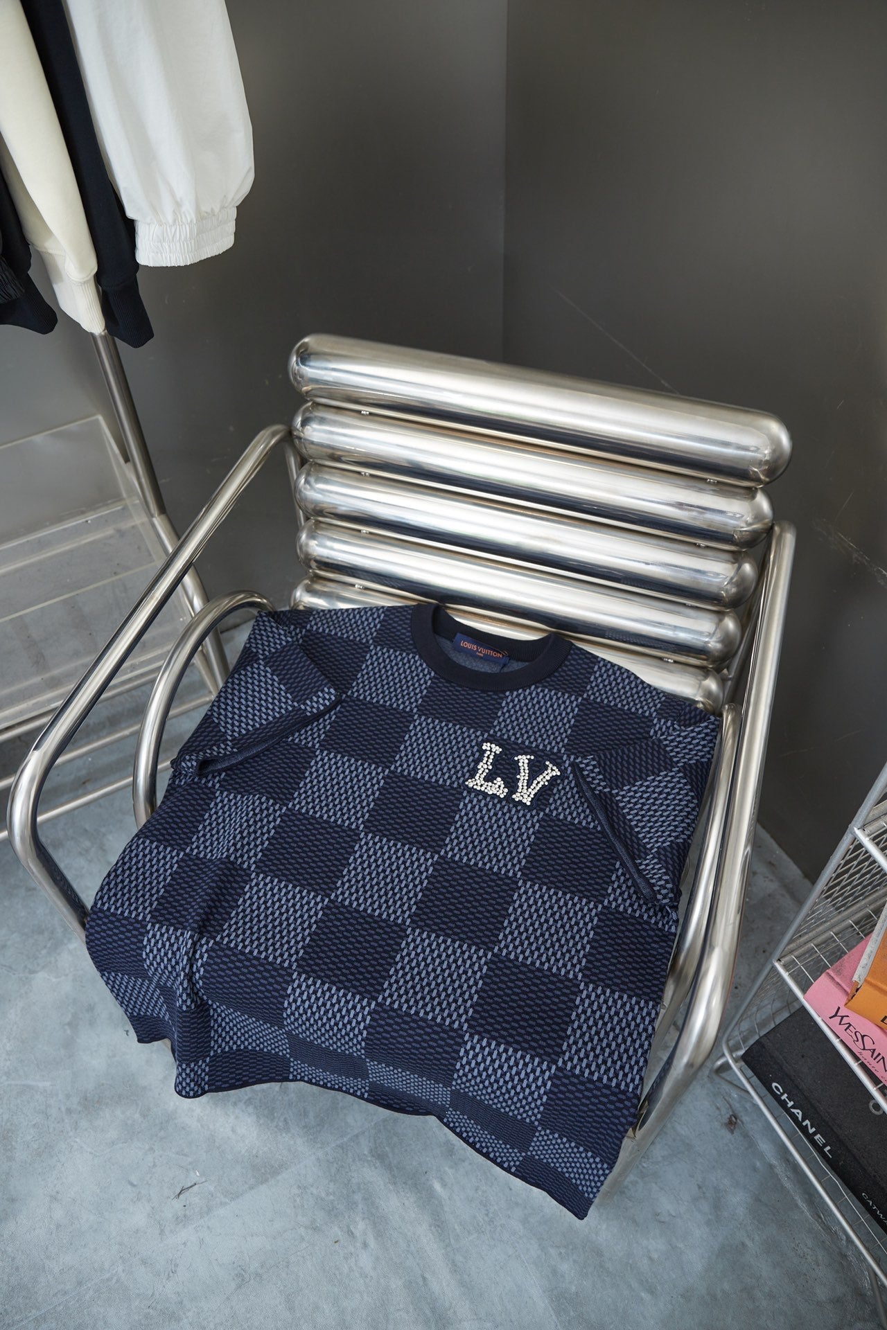 250218 New high quality rhinestone embroidered checkerboard T-shirt