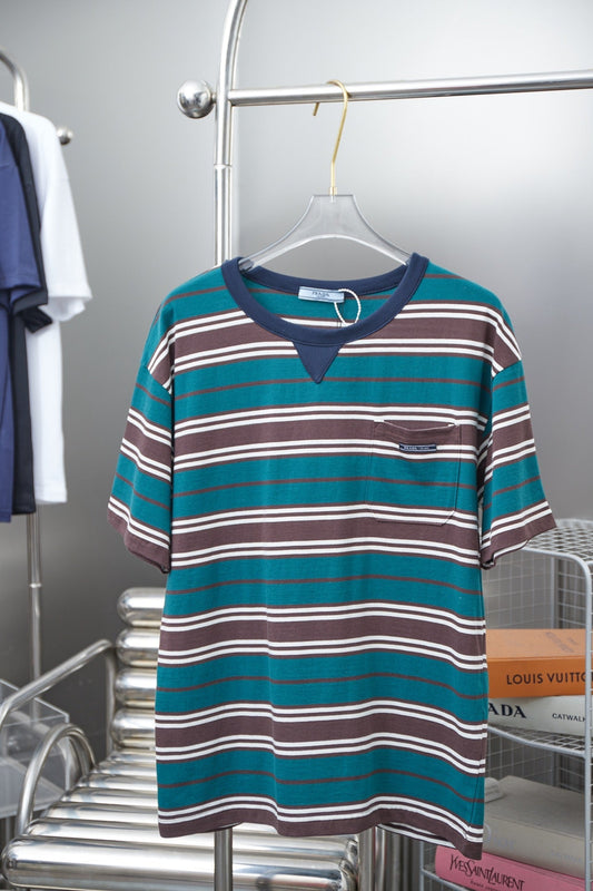 250404 New high-quality striped printed knitted T-shirt
