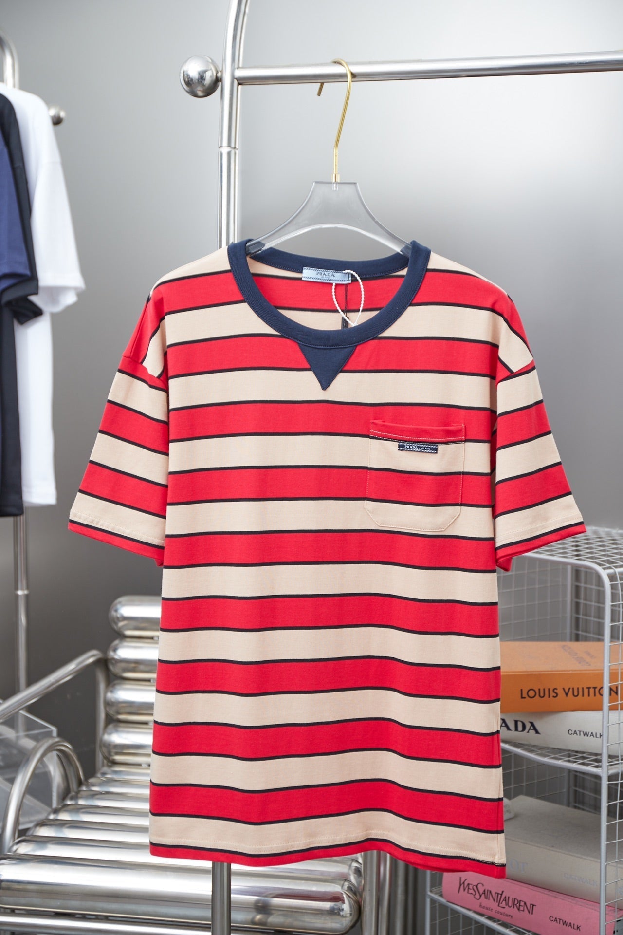 250404 New high-quality striped printed knitted T-shirt