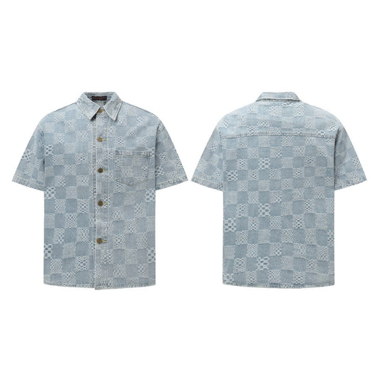 250520 New limited edition checkered patchwork washed blue denim set