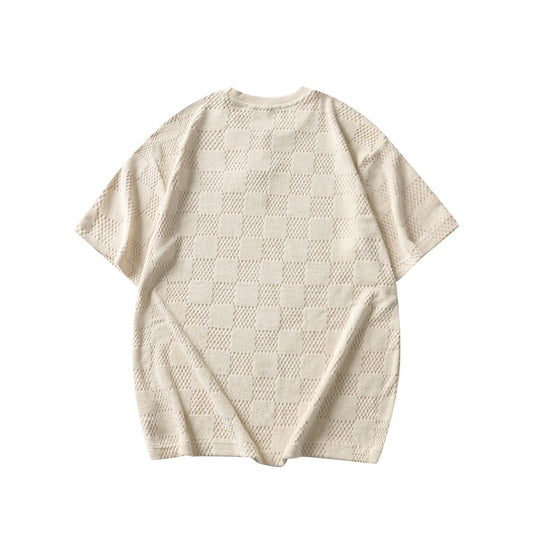 250819 New high-quality drawstring chessboard towel fabric casual T-shirt