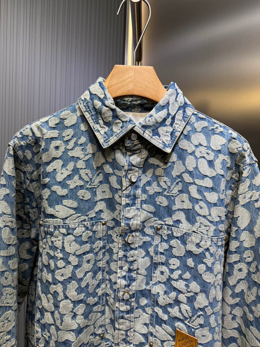 250825 New high-quality leopard-print washed workwear denim jacket