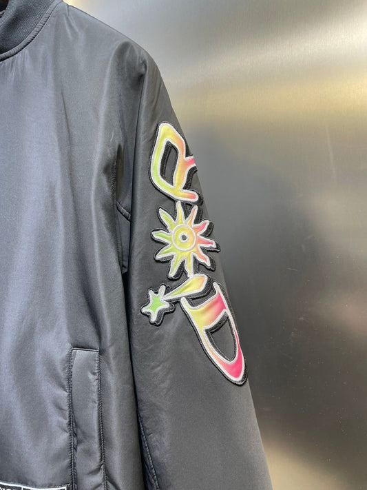 250825 New high-quality neon pink trim black flight jacket